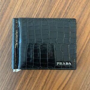 Black Prada Leather Bifold Wallet with Croc Effect